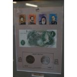 Framed stamp, pound note & coin to include a five