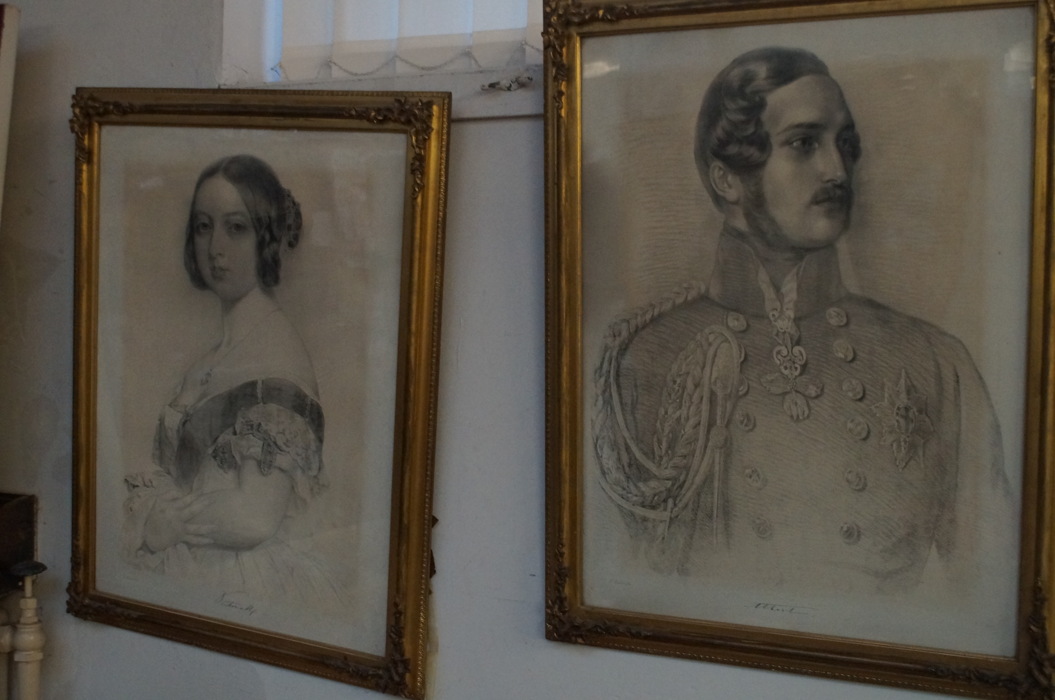 Pair of early gilt framed prints of Victoria and Albert, possibly period. Dimensions 65cm x 55cm (wi