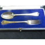 Cased silver spoon & fork (Spoon with rat tail)