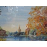 Oil on board lake & church scene by Margaret Adams