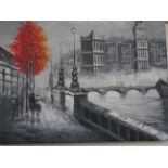 Oil on canvas street & bridge scene