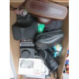 Box of vintage cameras & others