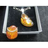 Silver & amber necklace & ring set