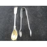 Silver spoon & silver sugar tongs