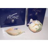 Franz pottery pin tray & lidded jar boxed