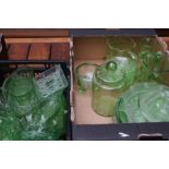 2x Boxes of green glass ware