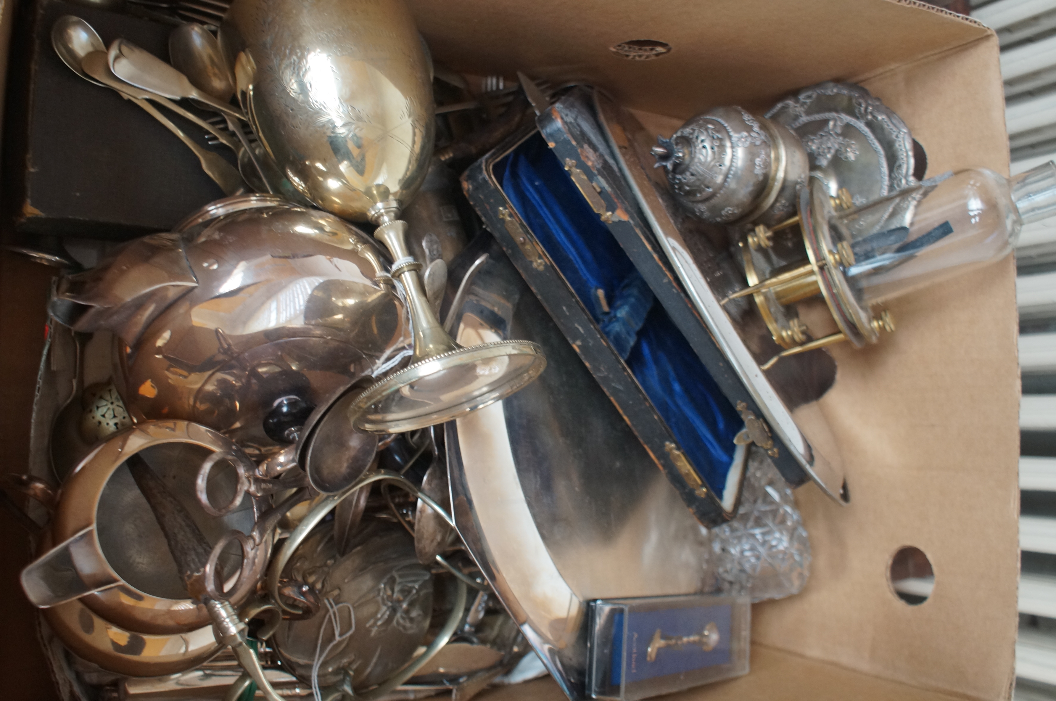 Large box of silver plated ware & metal ware