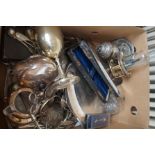 Large box of silver plated ware & metal ware