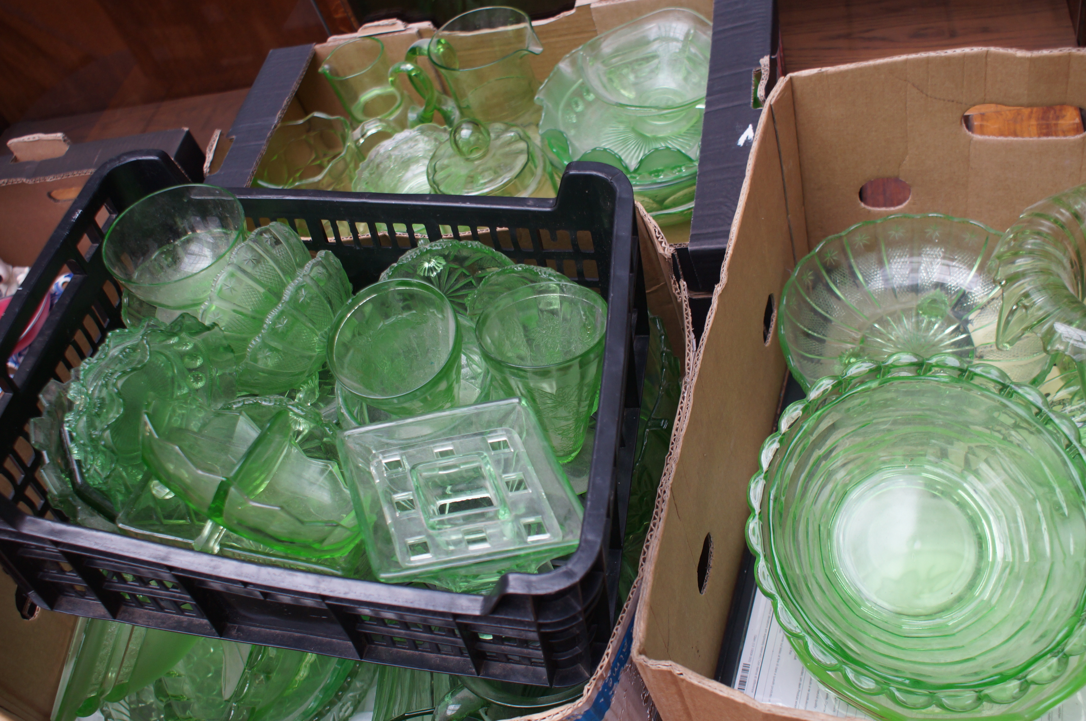 4 Boxes of green glass ware