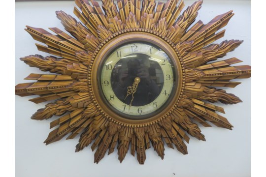 Retro sunburst gilt clock, made in Great Britain,