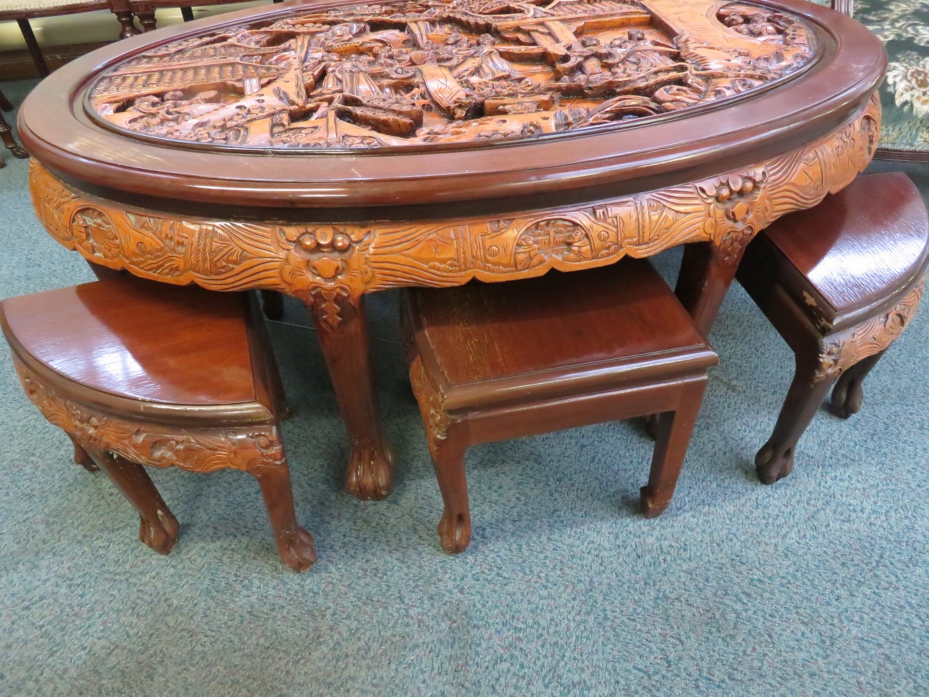 Finely carved Chinese table, raised on claw feet w - Image 2 of 4