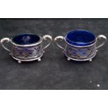 2x Silver salts with blue glass liners, 1 A/F