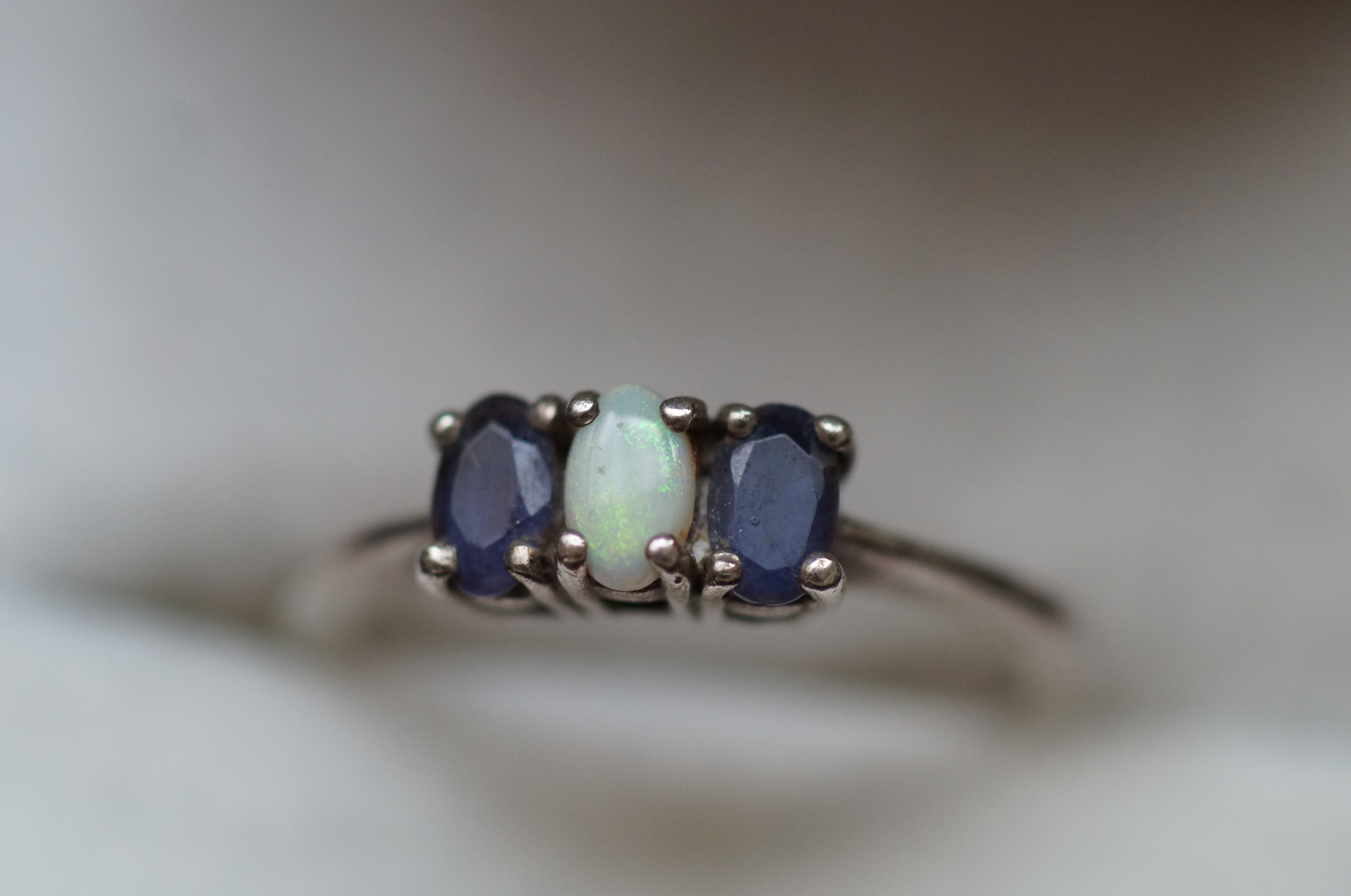 Silver opal and sapphire ring