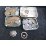 British copper coins to include 2 silver pin brooc