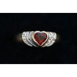 9ct Gold ring set with heart shaped garnet & diamo