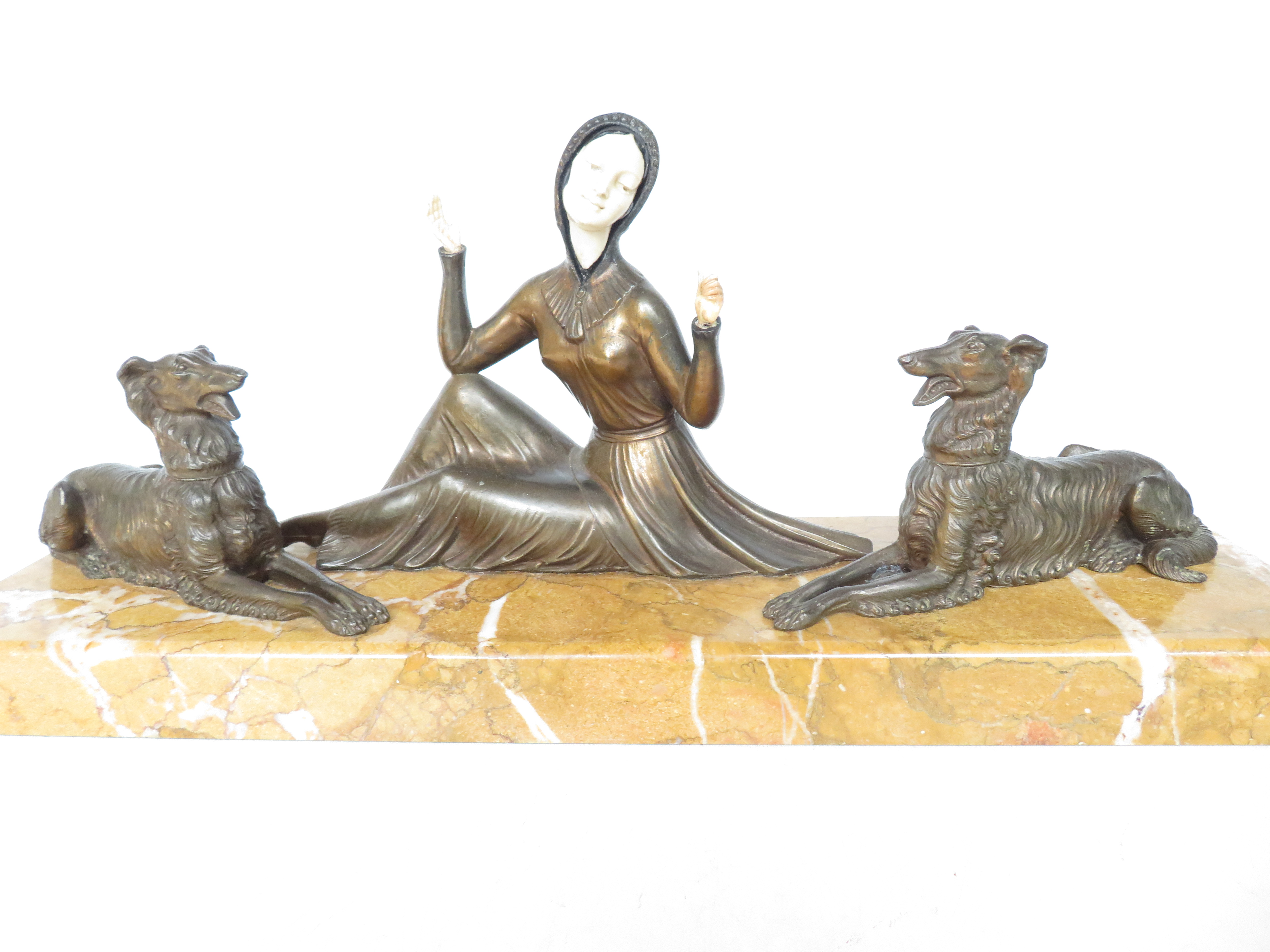 Enrique Mollins Balleste Bronze Figural Group "Lady with Borzois" signed Mollins Length 59 cm