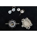 2 Silver pin brooches together with a pair of silv