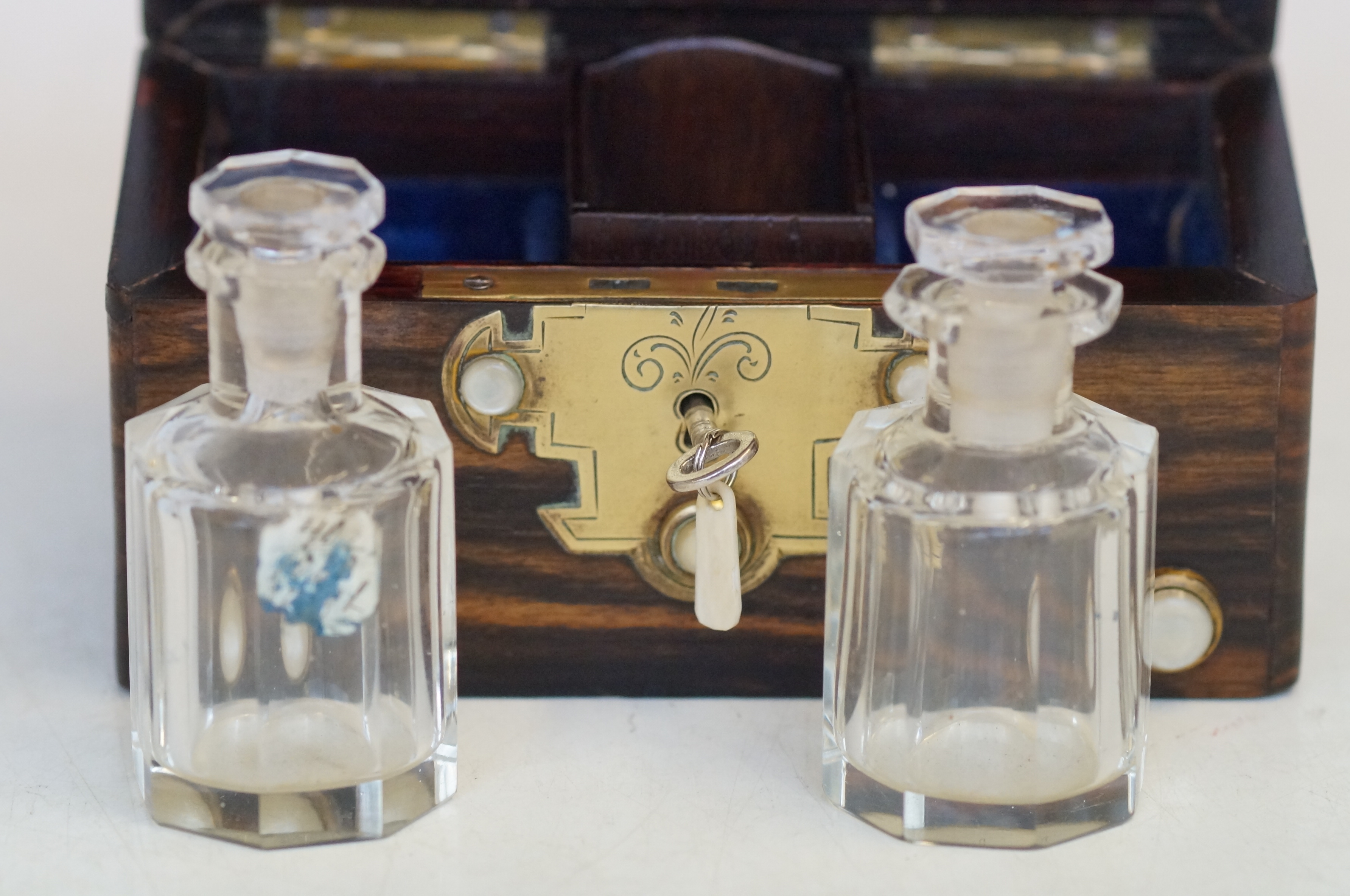 Coromandel brass bound perfume box, 2 glass bottle - Image 3 of 3