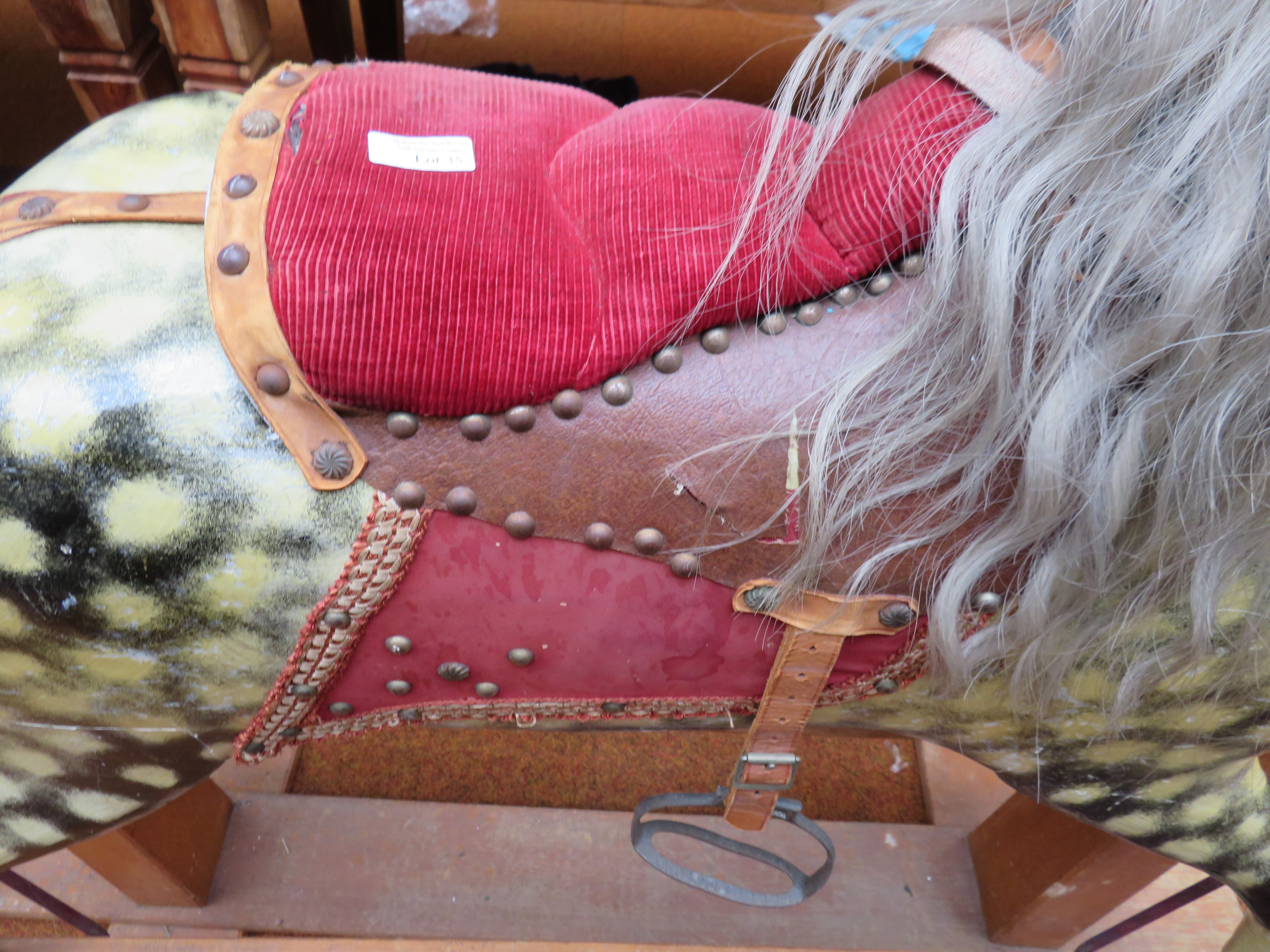 Pine rocking horse, dapple grey, leather, Maine & tail in excellent condition Height 120 cm Width 1 - Image 3 of 4
