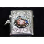 Silver vesta case with painted enamel nude