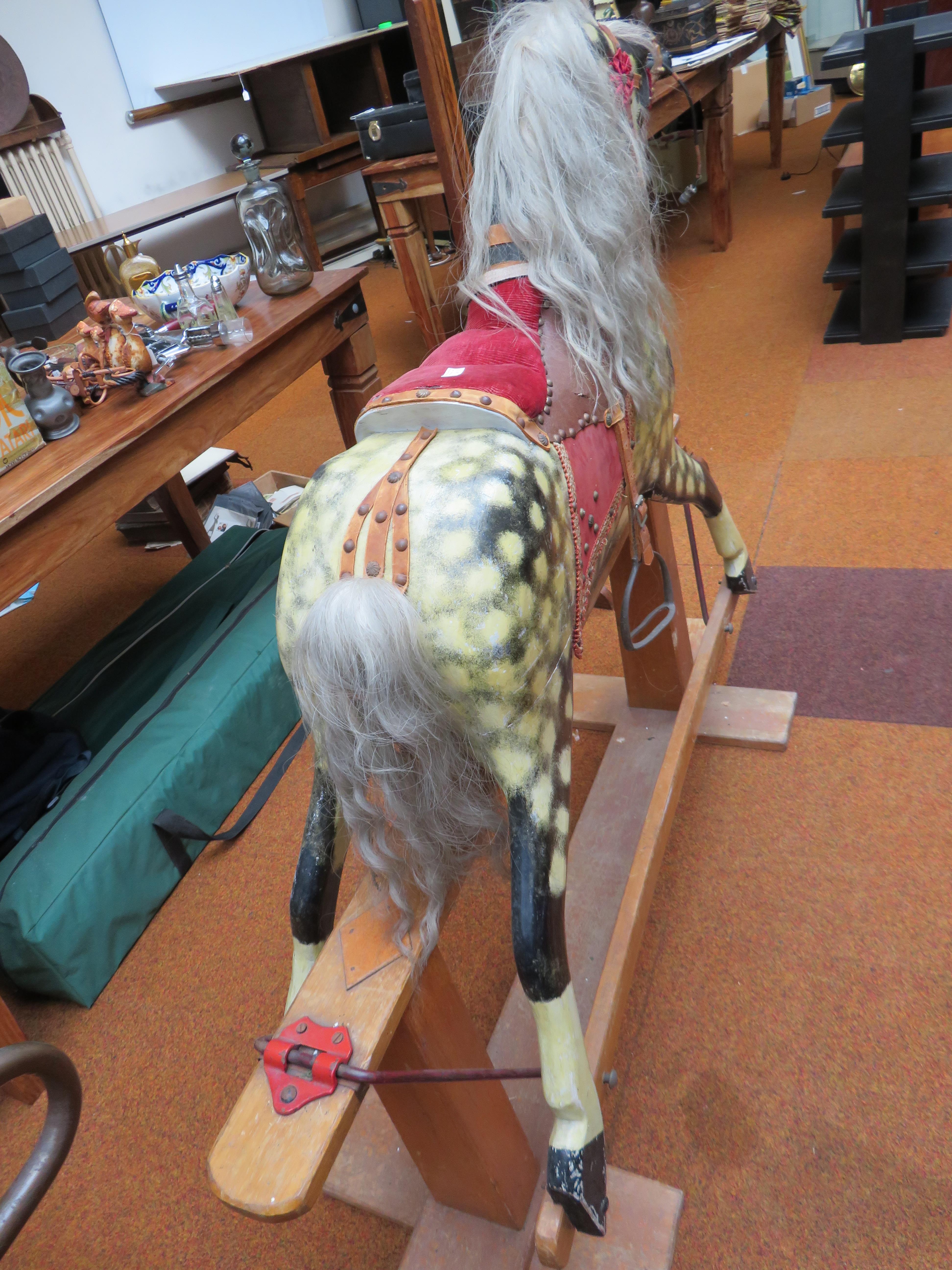 Pine rocking horse, dapple grey, leather, Maine & tail in excellent condition Height 120 cm Width 1 - Image 4 of 4