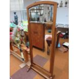 Large oak cheval mirror, some distressing to plate