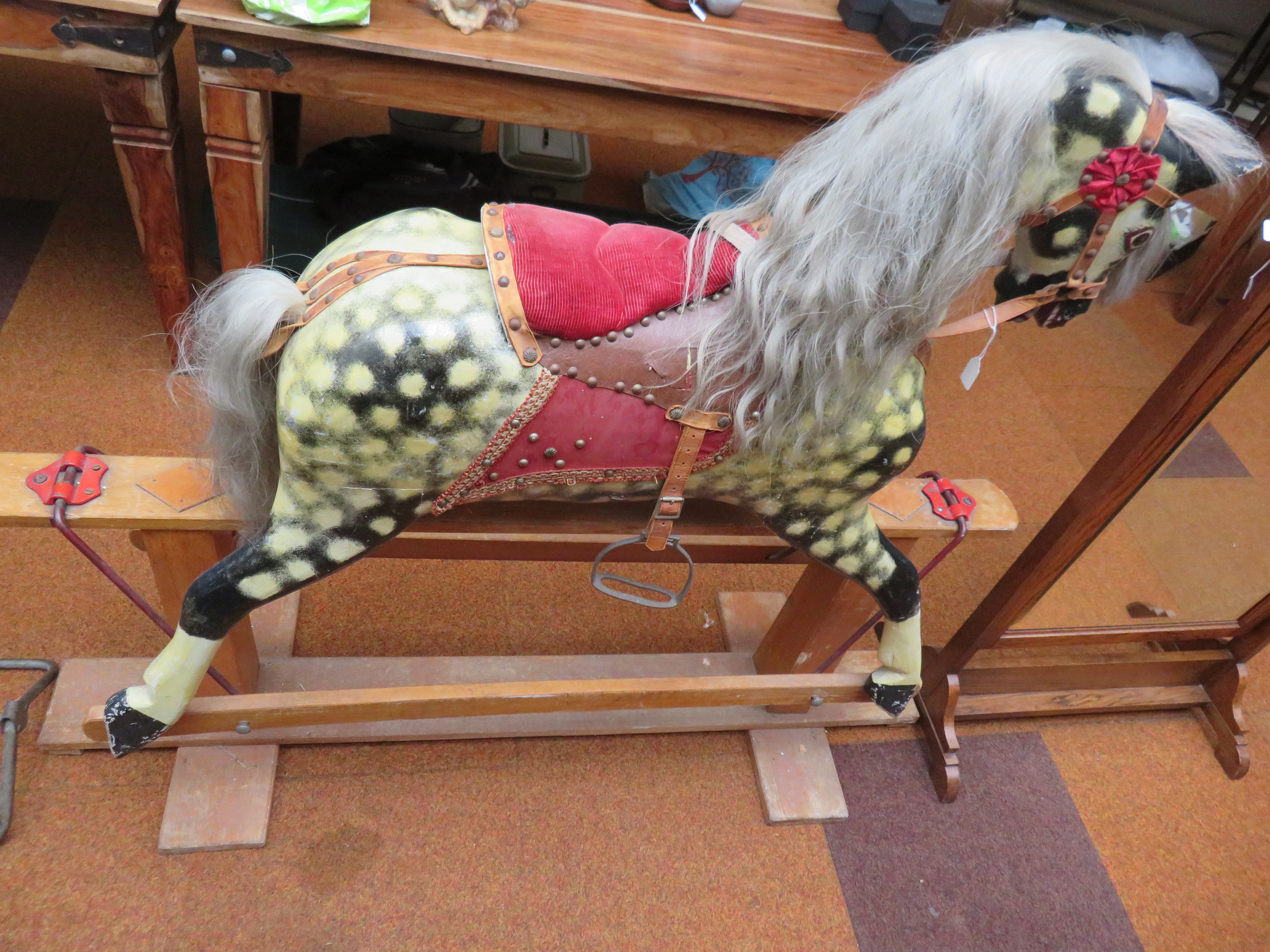 Pine rocking horse, dapple grey, leather, Maine & tail in excellent condition Height 120 cm Width 1