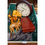 Mixed box to include carved animal, 3 blow lamp &
