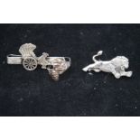 Silver tie pin, silver tragedy comedy ring & silver lion pin brooch