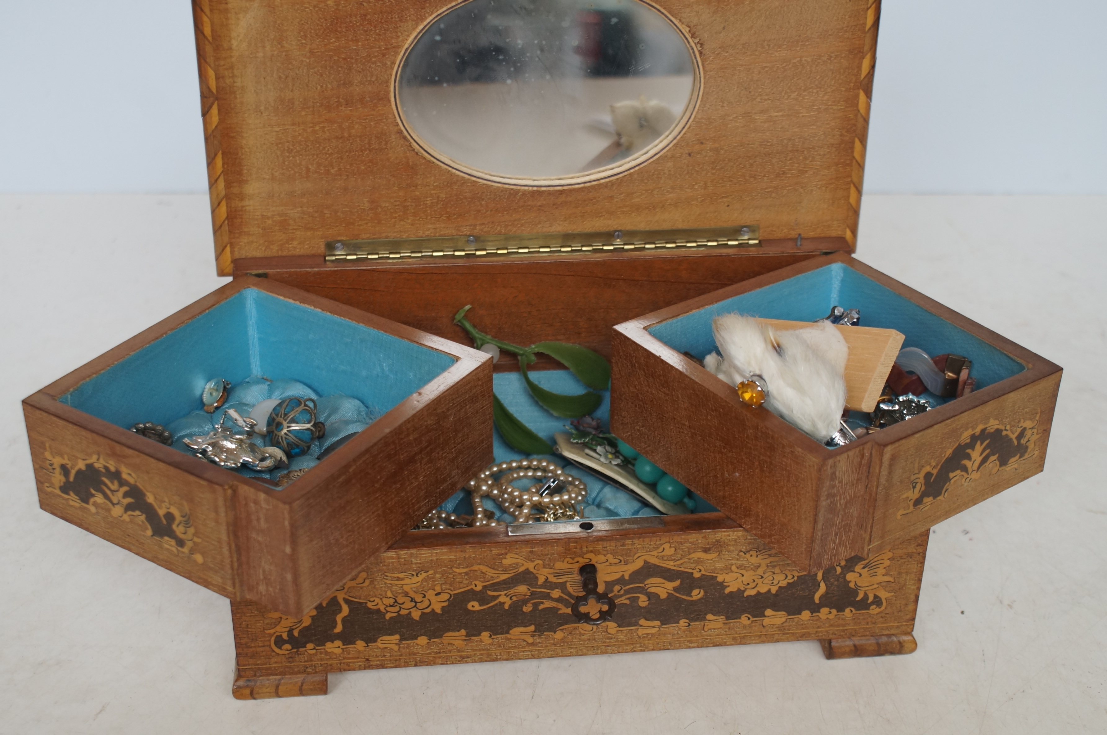 Inlaid musical jewellery box & contents