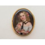 Hand painted porcelain pin brooch set in gilt moun