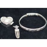 Silver bangle, silver heart shaped pill box & silv