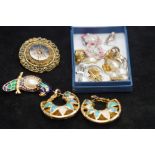 Collection of pin brooches & earrings to include a pair of 9ct gold earrings