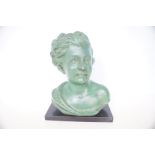 Art deco cold painted bronze bust of a lady on marble base, with indistinct signature (Period) Heigh