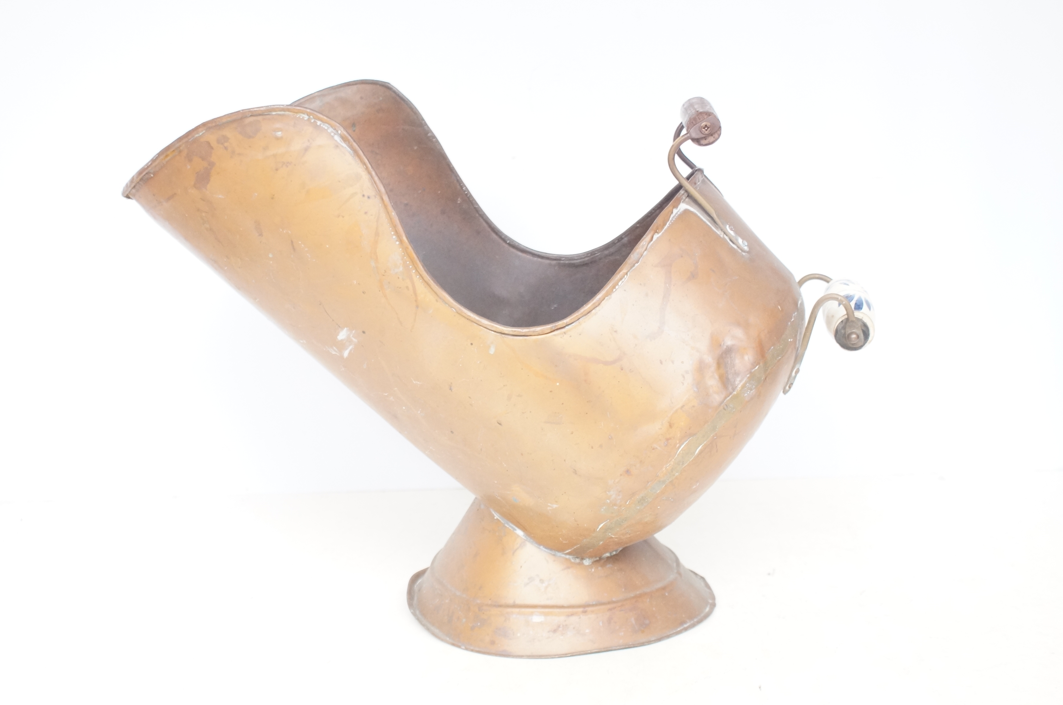 Copper coal scuttle with ceramic handle