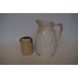 Victorian water jug dated 1868 together with Doulton & lambeth jam jar