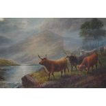 Original signed watercolour painting Albert Milton Drinkwater 1862-1923 highland cattle scene, origi