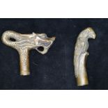 2 Brass walking stick handles, 1 depicting mythica