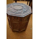 Indian carved wine table with brass inlay