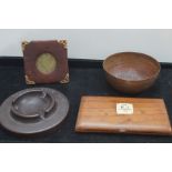 Bakelite Lloyd's bank ashtray, copper bowl, wooden