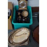 Box of silver plated ware, part stoneware tea set
