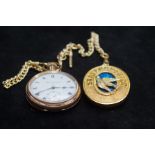 Gold plate pocket watch, chain & fob