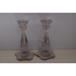 Pair of art deco heavy glass candle sticks