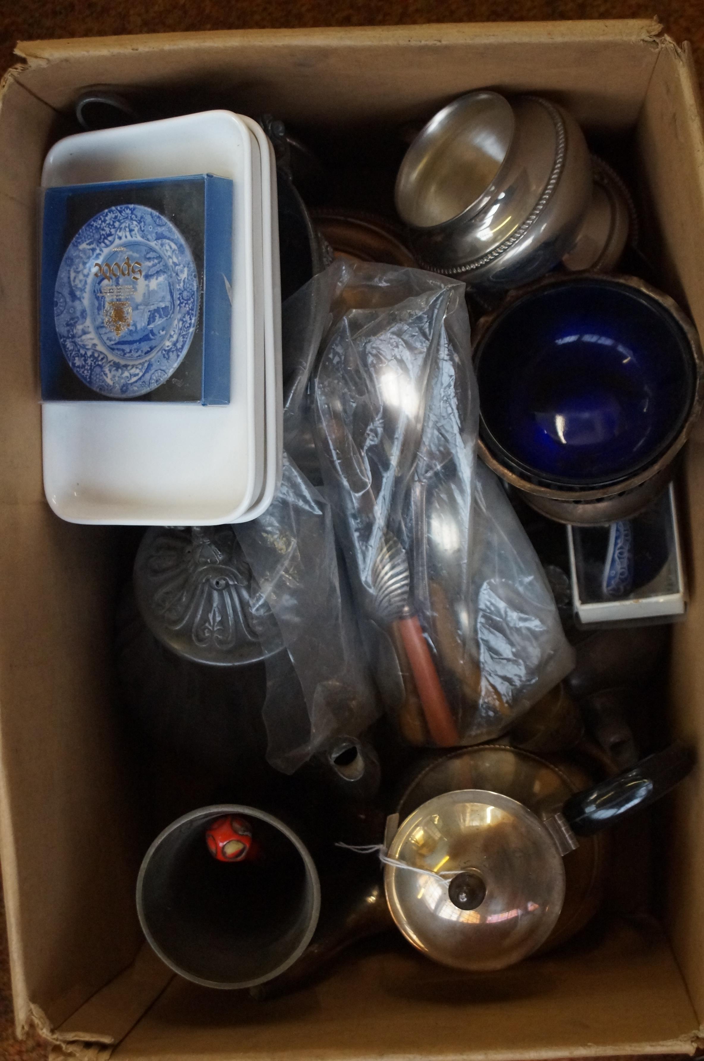 Mixed box to include silver plated items, pewter &