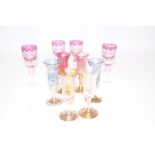 6 Coloured sherry glasses together with 4 bohemian