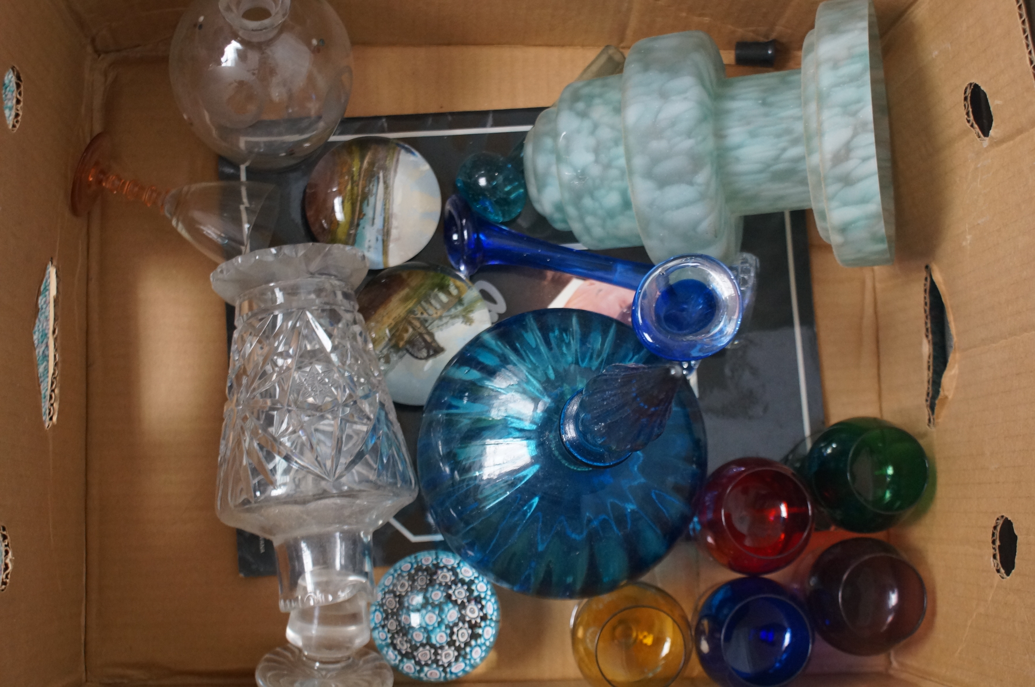 Box of glass ware to include 1930's lamp shade