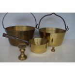 3 Brass jam pans together with 2 brass weights