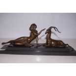 Bronze nude & gazelle on marble base Length 48 cm