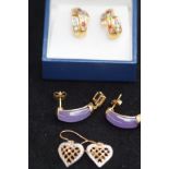 3 Pair of 9ct gold earrings with multiple coloured