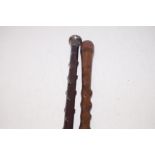 Silver mounted knobbly walking cane together with